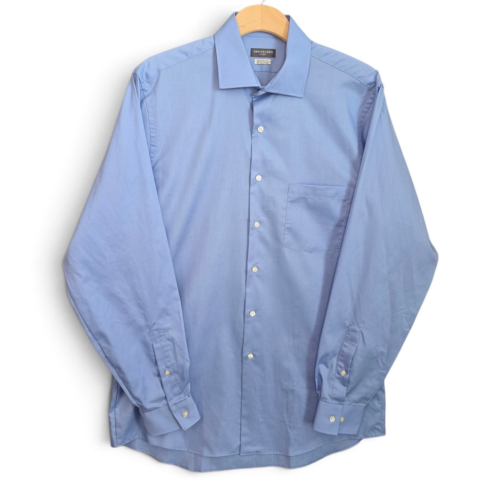 Van Heusen Flex Dress Shirt Mens 15.5 34/35 Blue Regular Fit Wrinkle Free